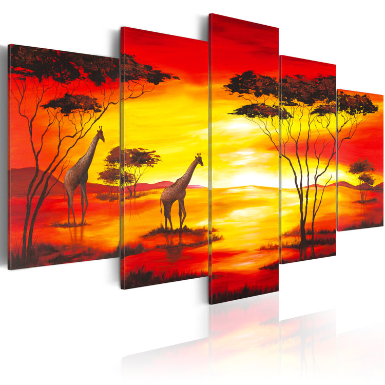 Foto schilderij - Giraffen op de achtergrond met zonsondergang