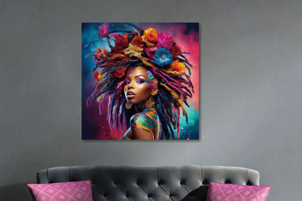 Schilderij 80x80 Vrouw met gekleurd haar (Glas)