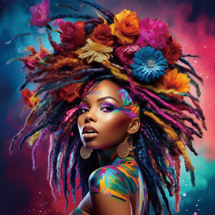 Schilderij 80x80 Vrouw met gekleurd haar (Glas)