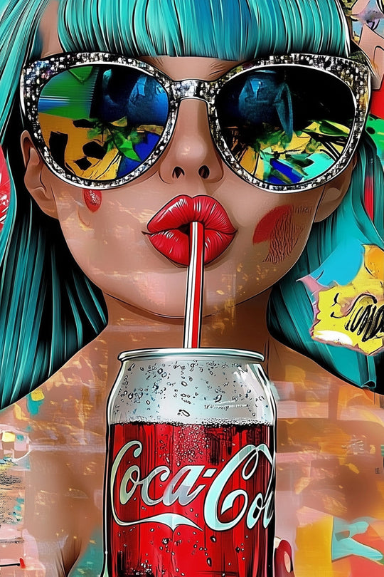 Schilderij met 3D reliëf 110x160 Vrouw met cola (Glas)