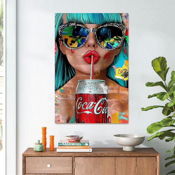 Schilderij met 3D reliëf 110x160 Vrouw met cola (Glas)