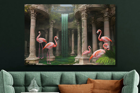 Schilderij 120x80 Flamingo's in ruïne (Glas)