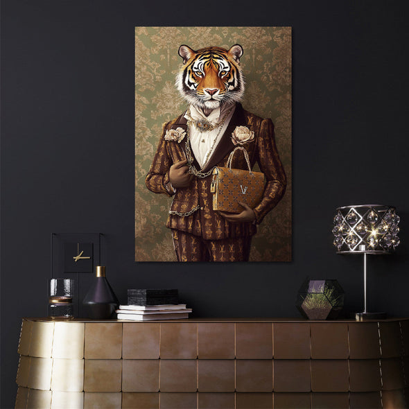 Schilderij met 3D reliëf 80x120 Tijger in pak (Glas)