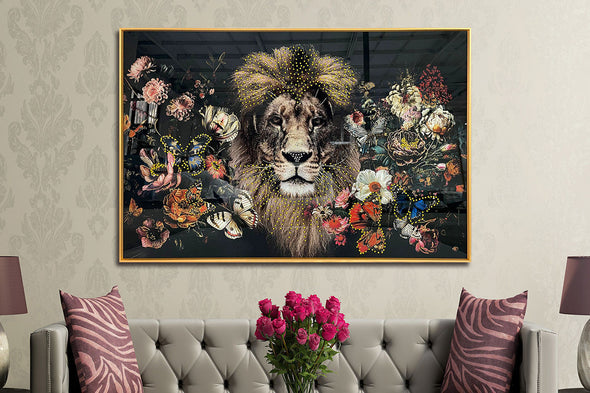Schilderij met kristallen en lijst 120x80 Leeuw tussen bloemen (Glas)