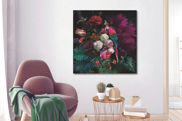 Schilderij 80x80 Papegaai op bloemen (Glas)