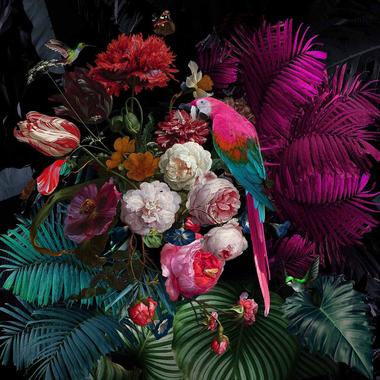 Schilderij 80x80 Papegaai op bloemen (Glas)