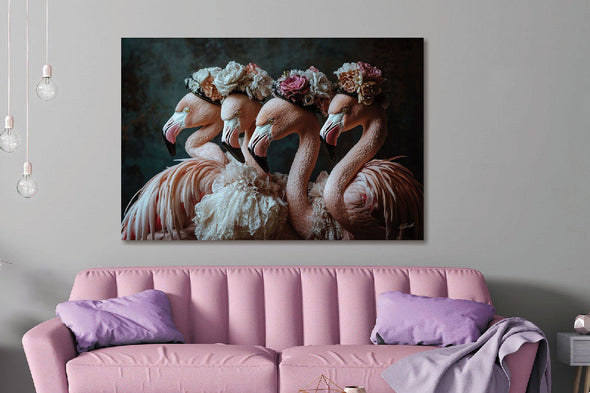 Schilderij 120x80 Flamingos met bloemenhoedjes (Glas)