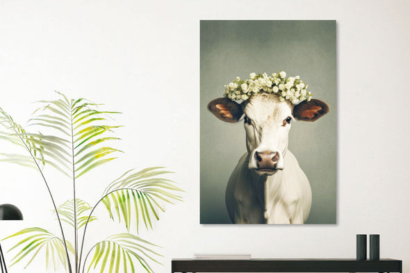 Schilderij 80x120 koe met bloemen op kop (Glas)