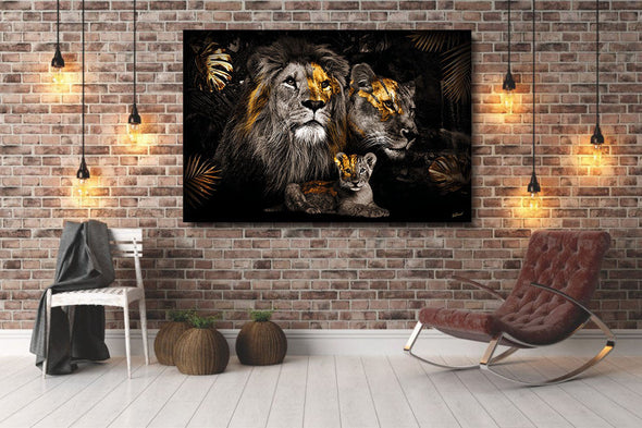 Schilderij 160x110 Leeuwenfamilie met 1 welpje (Glas)