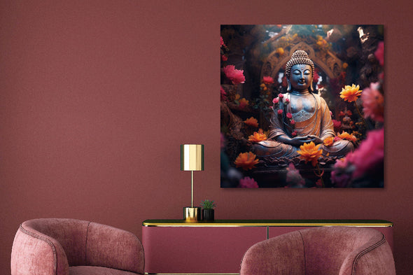 Schilderij 80x80 Boeddha met roze bloemen (Glas)