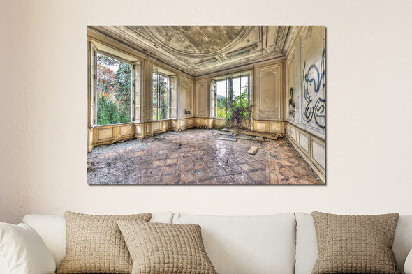 Schilderij 120x80 Vervallen eetkamer (Glas)