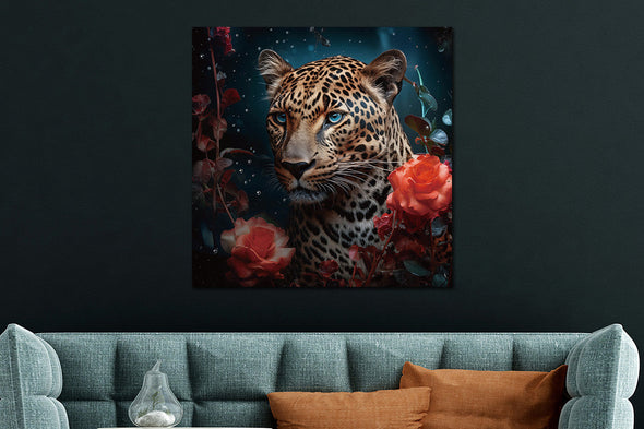 Schilderij 80x80 Panter met rozen (Glas)