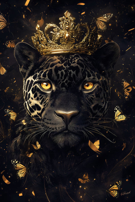 Schilderij 80x120 Zwarte panter met kroon (Glas)