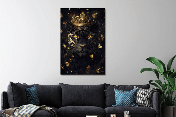 Schilderij 80x120 Zwarte panter met kroon (Glas)