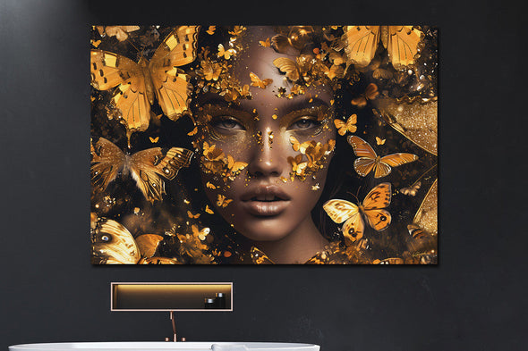 Schilderij 160x110 Vrouw met gouden vlinders (Glas)