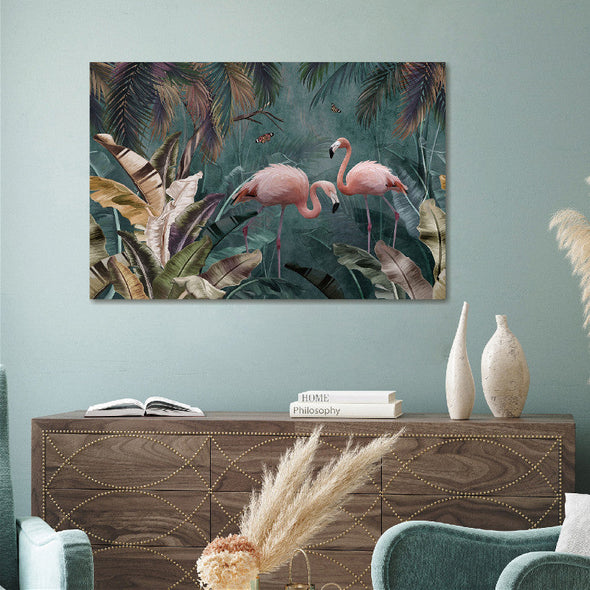 Schilderij 120x80 Flamingo's in het woud (Glas)