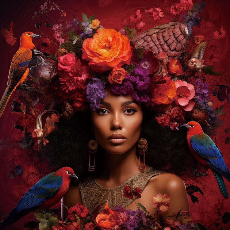 Schilderij 80x80 Vrouw met rode bloemen en vogels (Glas)