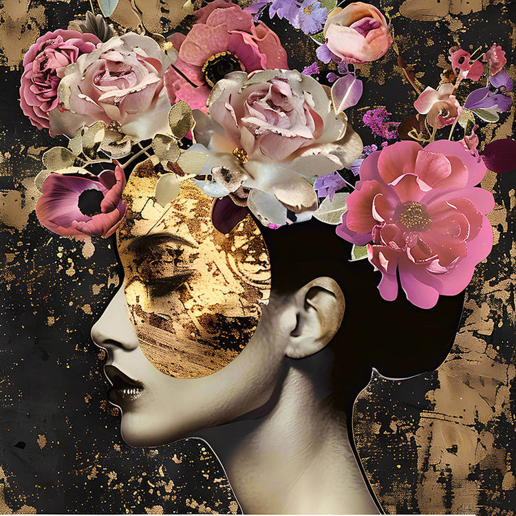 Schilderij 80x80 Vrouw met goud en bloemen (Glas)