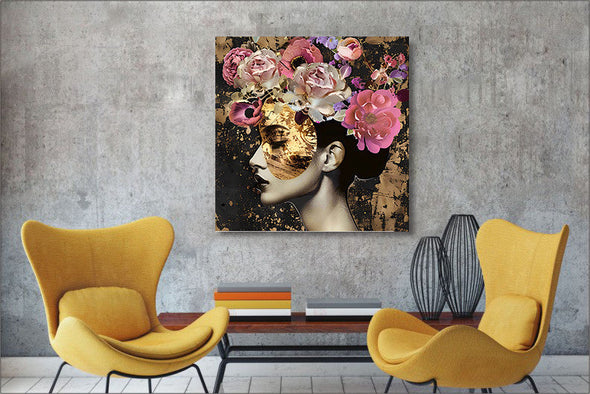 Schilderij 80x80 Vrouw met goud en bloemen (Glas)