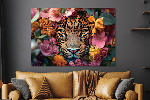 Schilderij 160x110 Panter in bloemenzee (Glas)