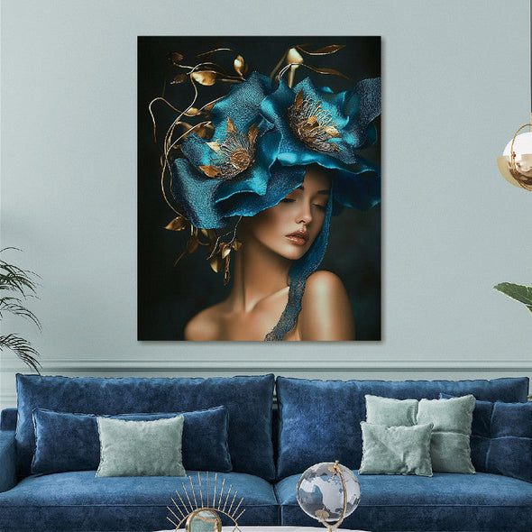 Schilderij 80x120 Vrouw met grote blauwe bloemen (Glas)