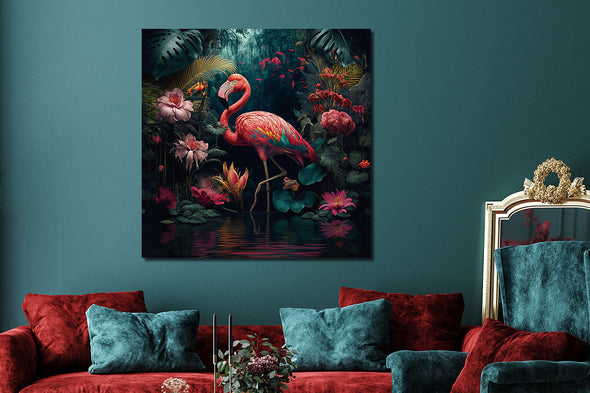 Schilderij 80x80 Flamingo links (Glas)