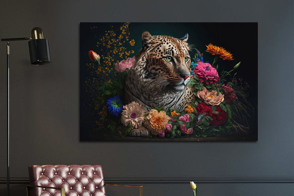Schilderij met 3D reliëf 120x80 Panter met bloemen (Glas)
