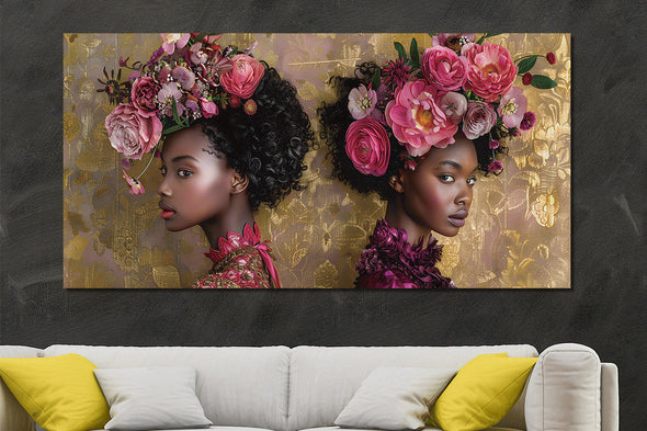 Schilderij 160x80 Twee vrouwen met bloementooi (Glas)