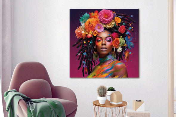 Schilderij 80x80 Vrouw met gekleurd lichaam en bloemen (Glas)