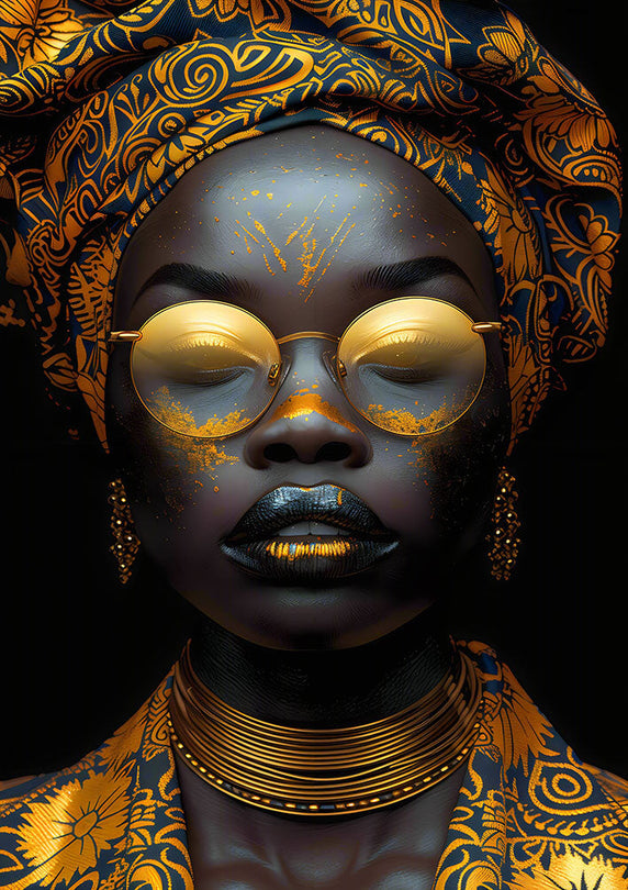 Schilderij 80x120 Vrouw met gouden bril en kleding (Glas)