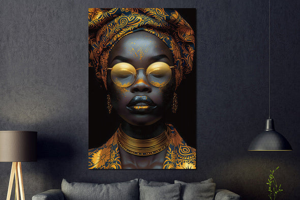 Schilderij 80x120 Vrouw met gouden bril en kleding (Glas)