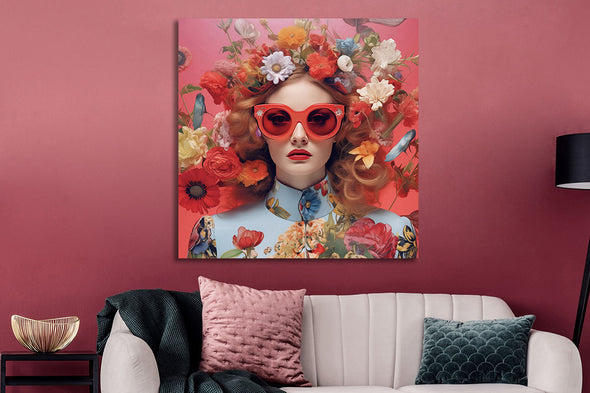 Schilderij 80x80 Vrouw in het blauw met bloemen (Glas)