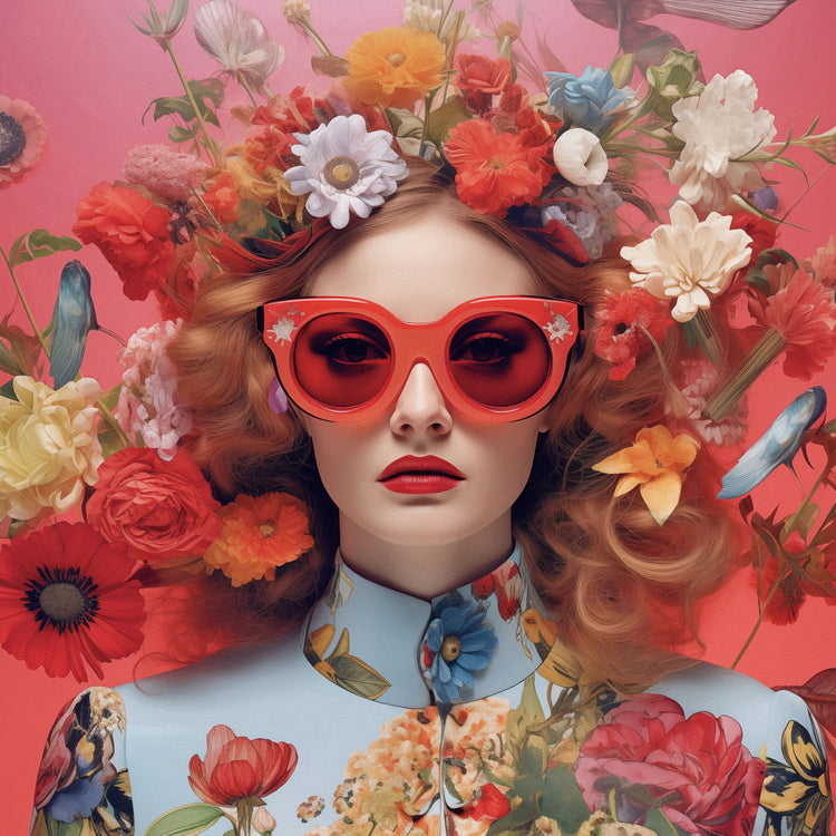 Schilderij 80x80 Vrouw in het blauw met bloemen (Glas)