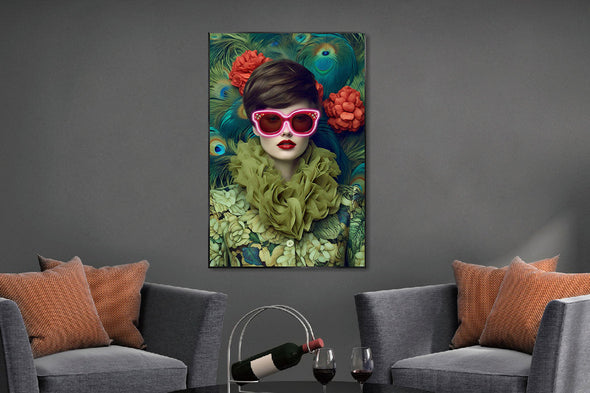 Schilderij met LED verlichting en lijst 80x120 Vrouw met roze bril (Glas)