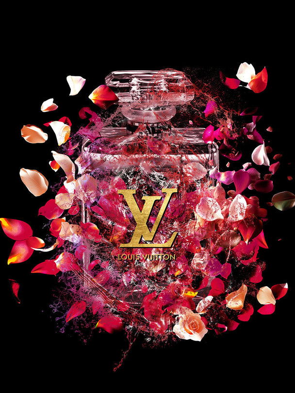 Schilderij met goudfolie 60x80 Doorzichtig flesje met rozen (Glas)