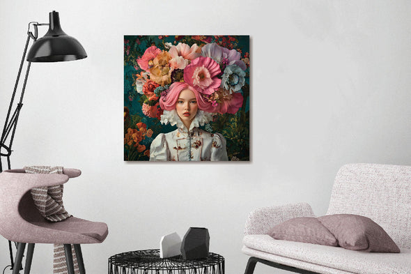 Schilderij 80x80 Vrouw met bloemen midden (Glas)