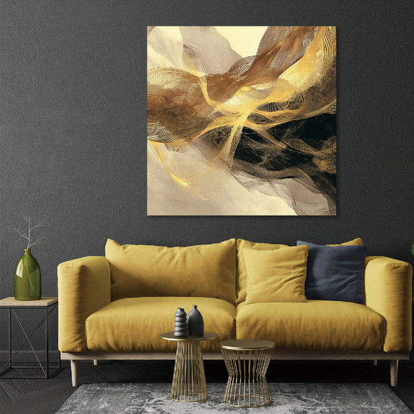 Schilderij 120x120 3D Gouden golven (Glas)