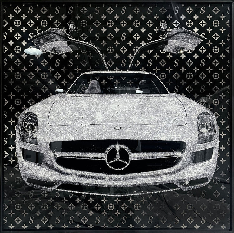 Schilderij met kristallen en lijst 80x80 Auto met vliegdeuren (Glas)