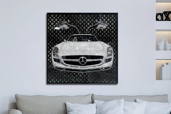 Schilderij met kristallen en lijst 80x80 Auto met vliegdeuren (Glas)