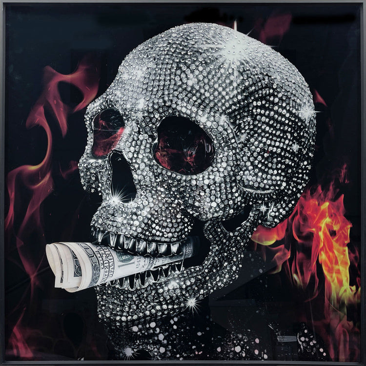 Schilderij met kristallen en lijst 80x80 Rokende doodskop (Glas)