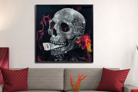 Schilderij met kristallen en lijst 80x80 Rokende doodskop (Glas)