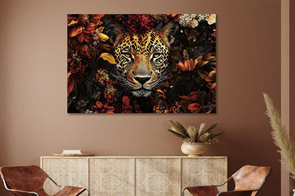 Schilderij 120x80 Panter in rode bloemenzee (Glas)