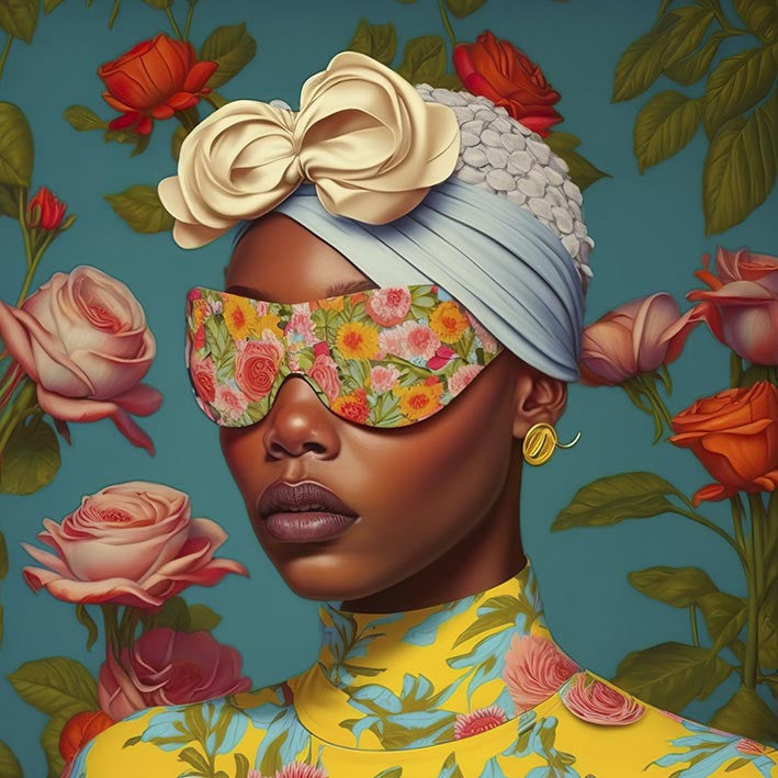 Schilderij 80x80 Vrouw met gekleurde bril (Glas)