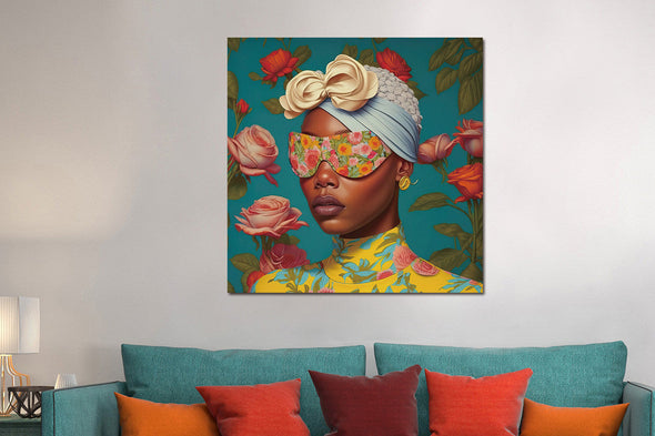 Schilderij 80x80 Vrouw met gekleurde bril (Glas)