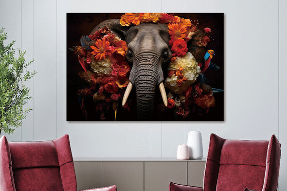 Schilderij 160x110 Olifant met bloemen (Glas)