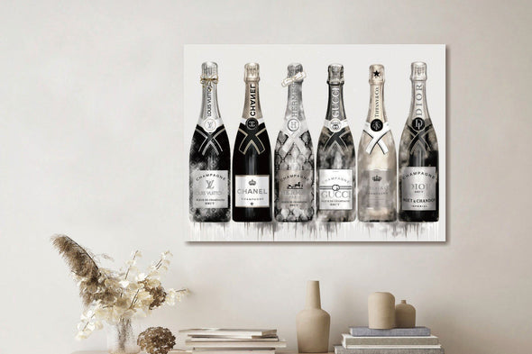 Schilderij met goudfolie 80x60 Champagne flessen zilver (Glas)