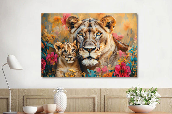 Schilderij 120x80 Artistieke leeuwen liggend (Glas)