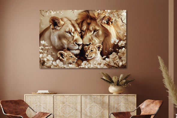 Schilderij 120x80 Getekende leeuwenfamilie (Glas)