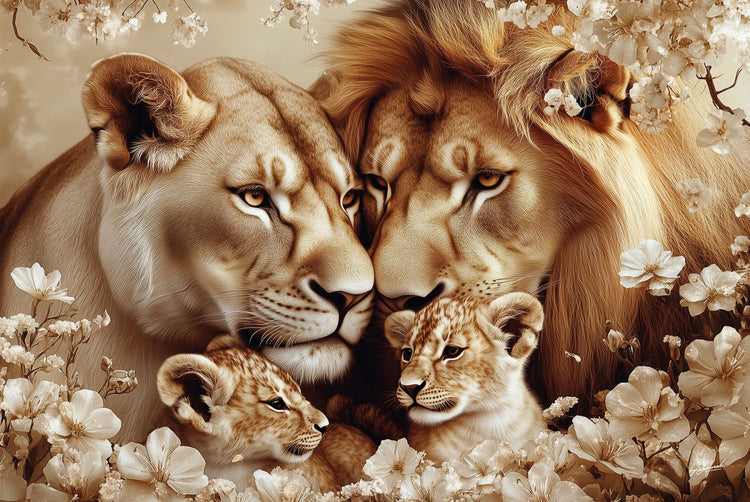 Schilderij 120x80 Getekende leeuwenfamilie (Glas)