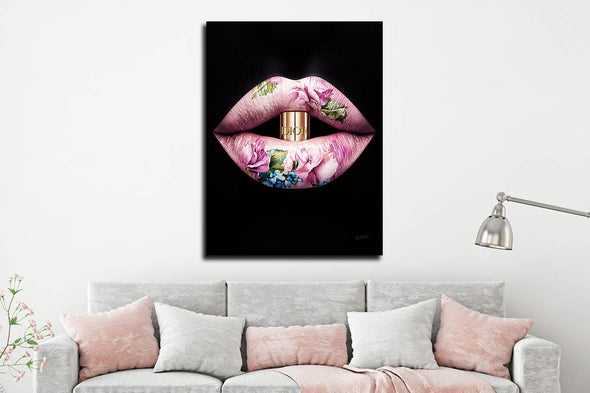 Schilderij 60x80 Lippen met bloemen (Glas)